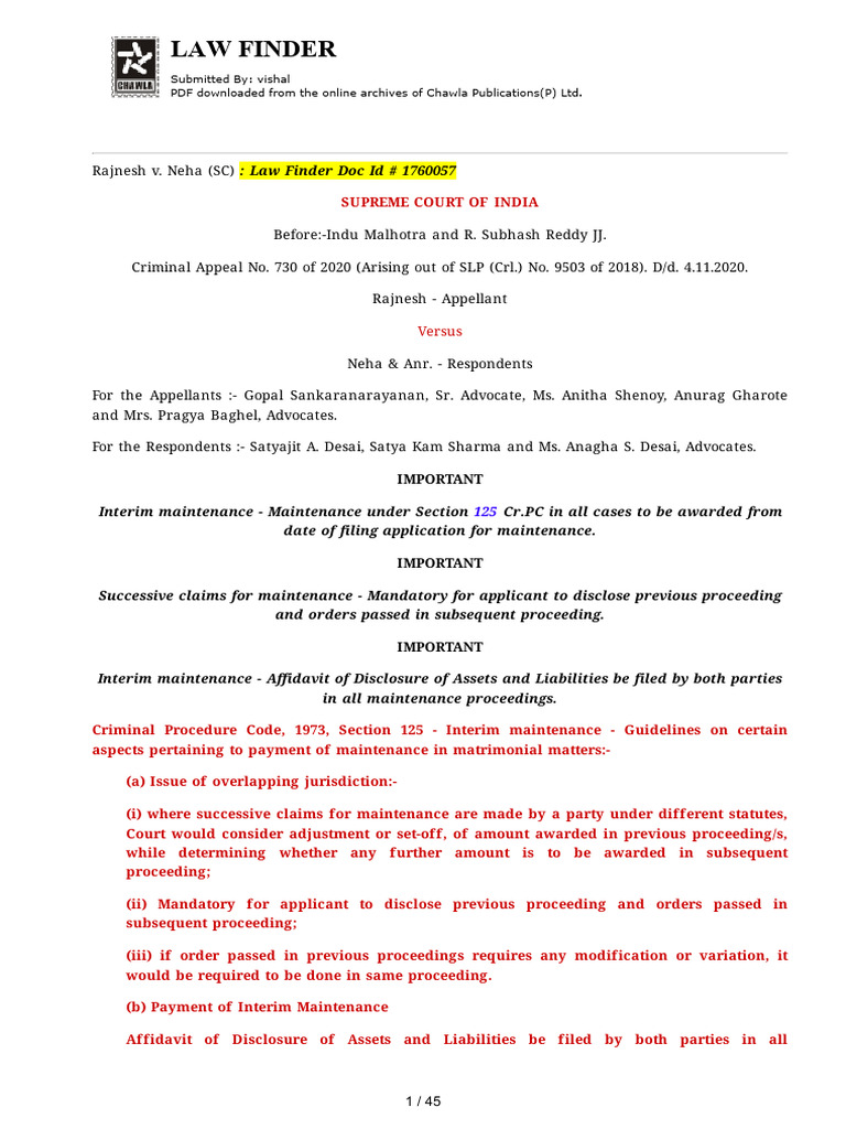 Rajnesh v. Neha: Interim Maintenance Guidelines | PDF | Cost Of Living ...