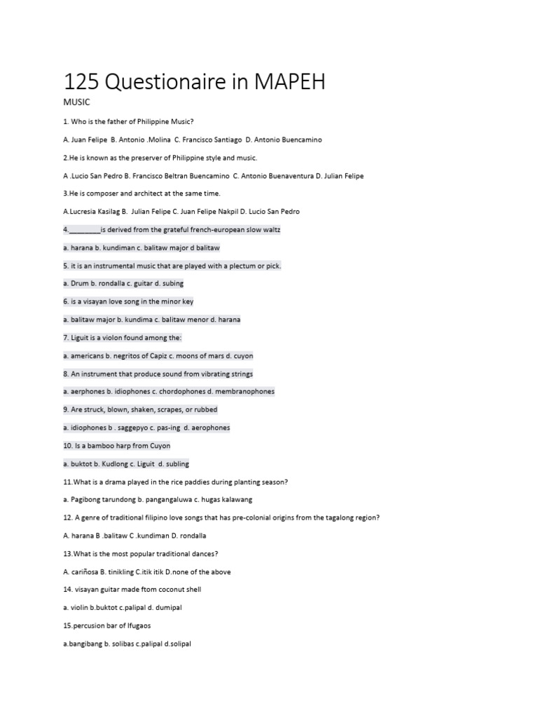 MAPEH Questionnaire: Music, Arts, PE | PDF | Vitamin