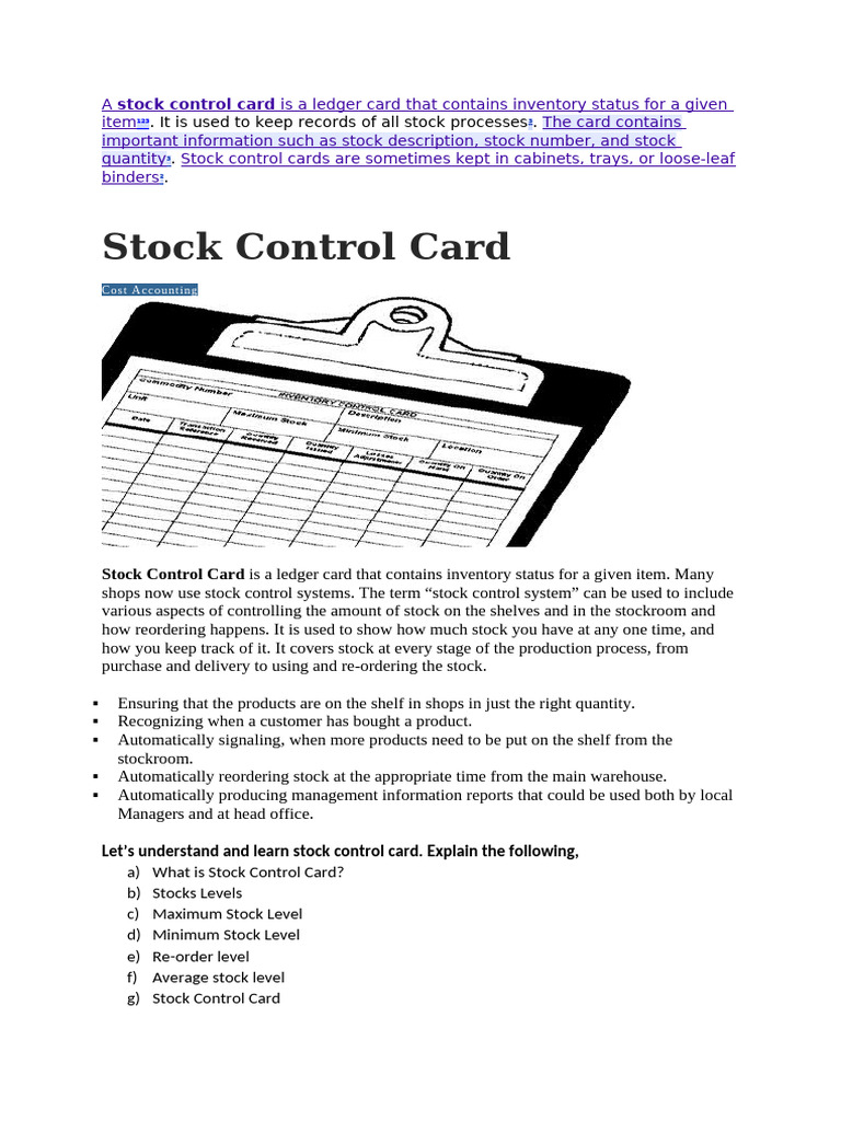 Draw a stock control card and discuss the completion process pdf
