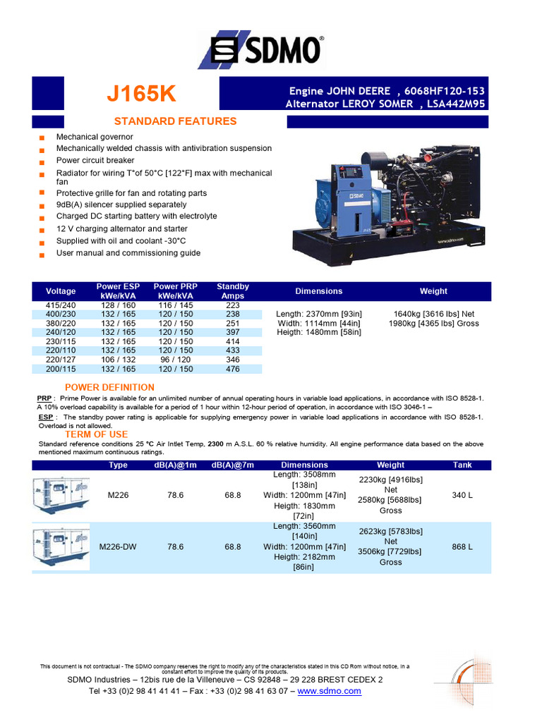 SDMO Generator Specifications Overview | PDF | Engine Technology ...