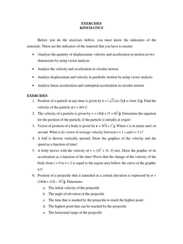 Kinematics Exercises and Solutions | PDF | Acceleration | Velocity