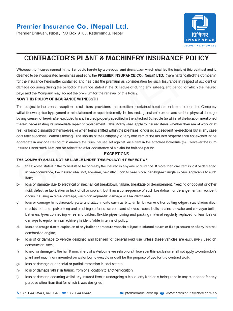 Contractor Plant & Machinery Insurance Policy | PDF | Insurance | Indemnity