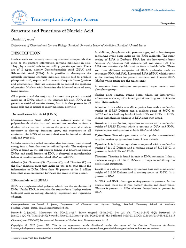 Structure and Functions of Nucleic Acid | PDF | Nucleic Acids | Dna