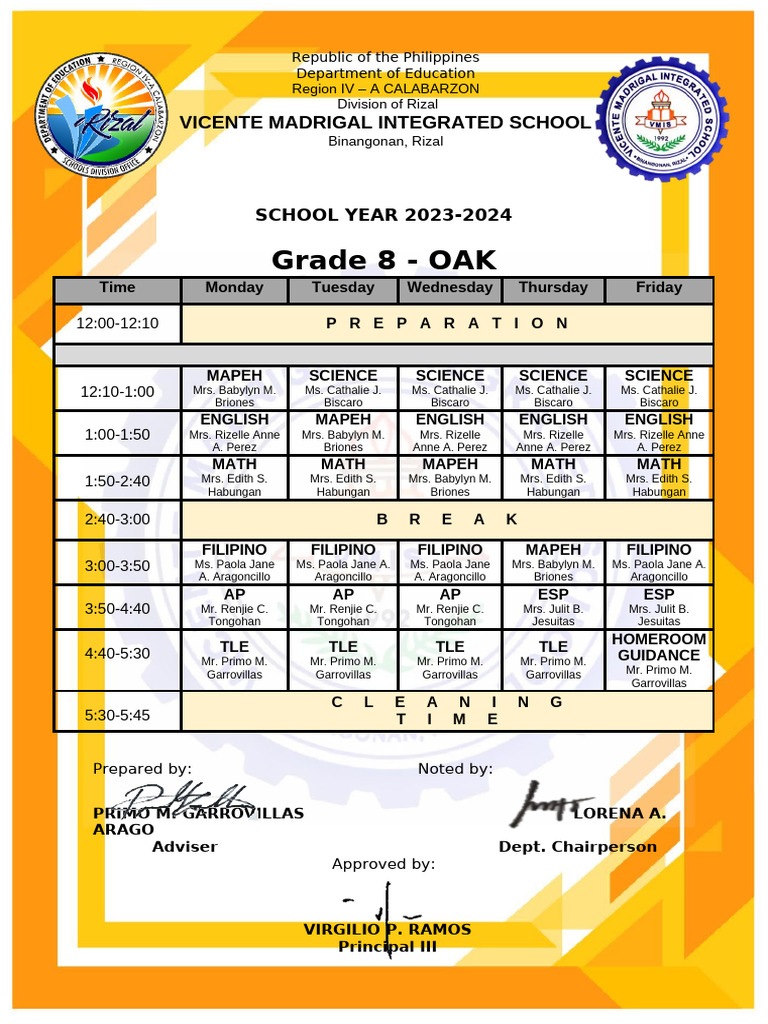 Grade 8 Class Schedule 2023-2024 | PDF | Philippines