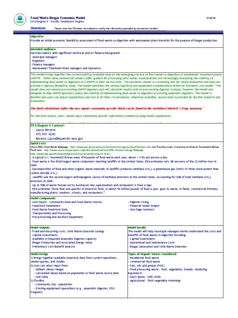 EPA Food Waste Biogas Economic Model PDF Anaerobic Digestion Biogas