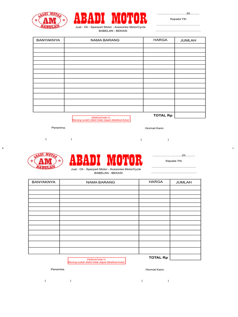 Nota Pembelian Abadi Motor | PDF