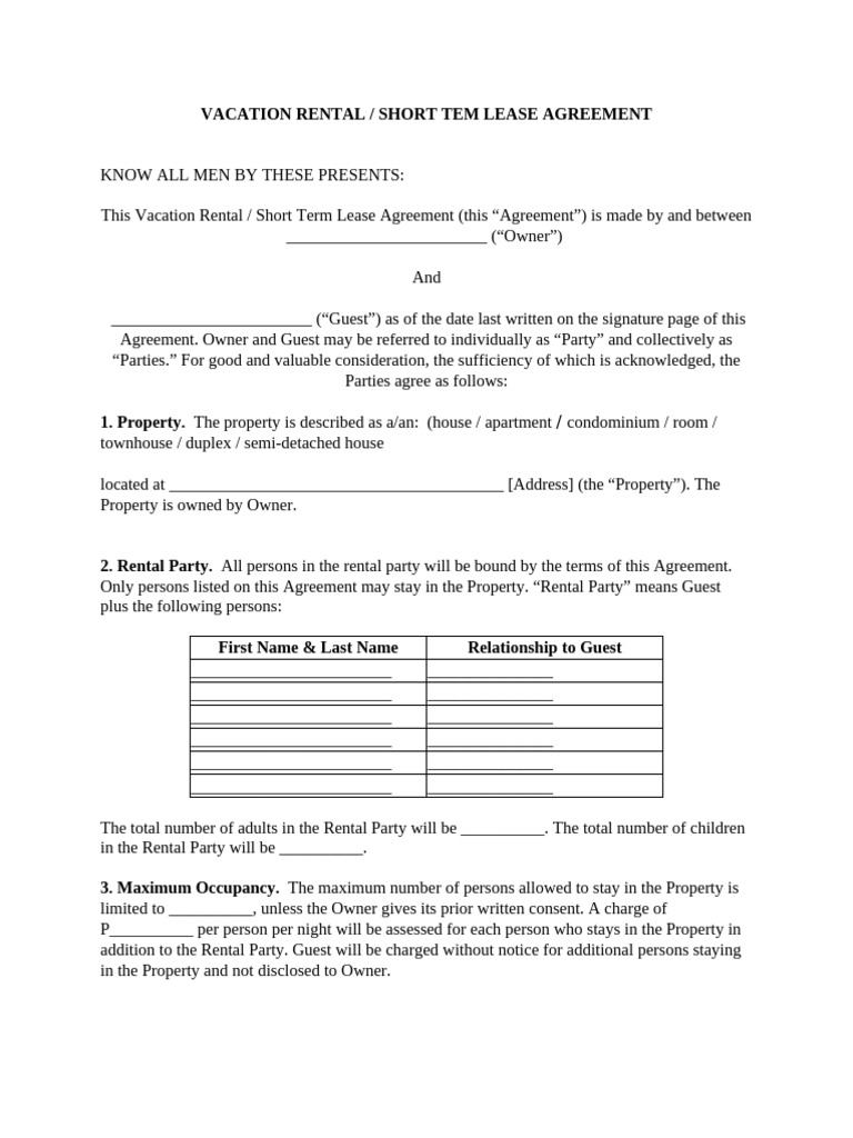 Vacation Rental Short Term Agreement | PDF | Indemnity | Legal Liability