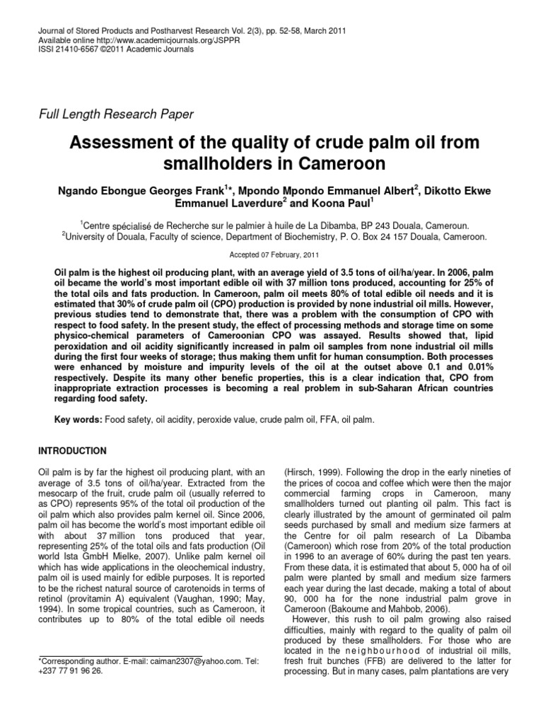 Quality Assessment of Crude Palm Oil in Cameroon | PDF | Chemical ...