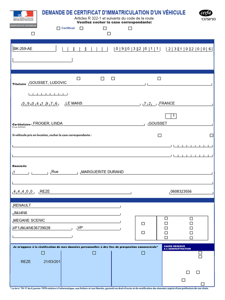 Demande de certificat d'immatriculation | PDF | Couleur
