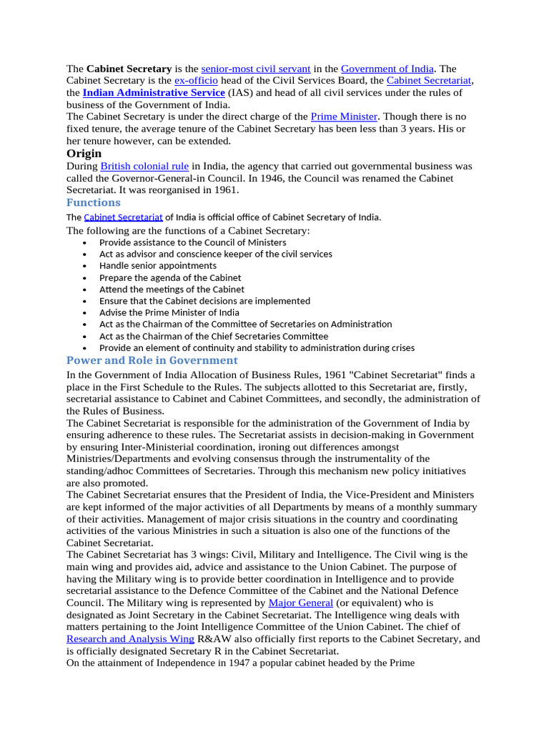 Role and Functions of Cabinet Secretary | PDF | Governance | Government ...