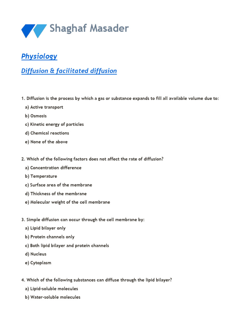 Diffusion and Facilitated Diffusion Quiz | PDF | Cell Membrane | Lipid ...
