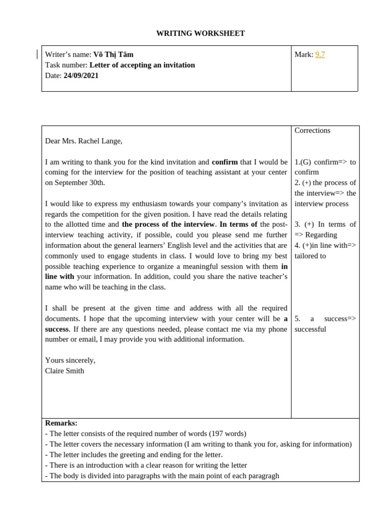 Võ Thị Tâm - Letter of Accepting the Invitation | PDF | Learning