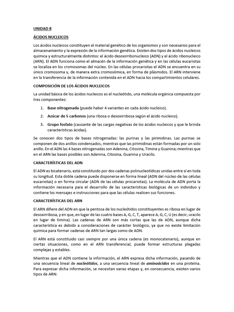 UNIDAD 6 ÁCIDOS NUCLEICOS Texto | PDF | Rna | Adn