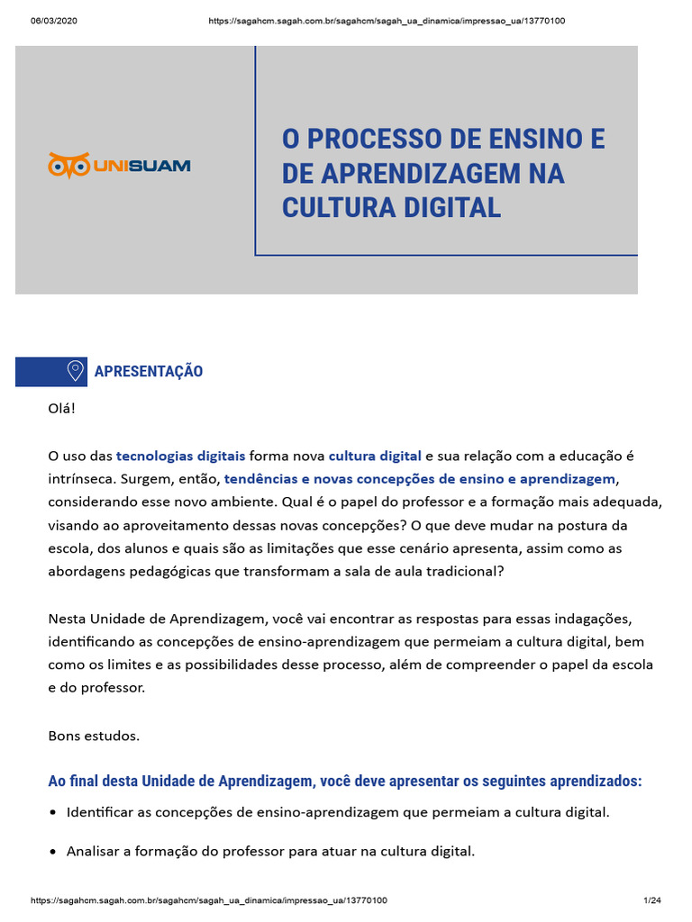 Ensino e Aprendizagem na Cultura Digital | PDF | Aprendizado | Pedagogia