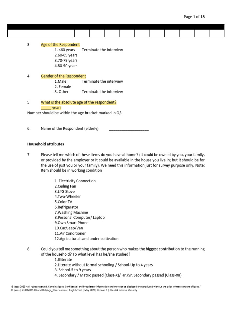 Questionnaire On Ageing and Gender | PDF