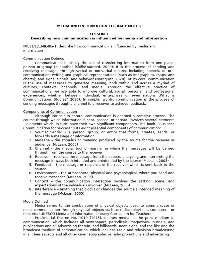 MEDIA AND INFORMATION LITERACY NOTES Week 1 and 2 - 100738 | PDF ...