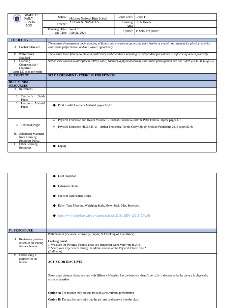 HOPE GR11 Q1 WEEK1 Navales | PDF | Physical Fitness | Self-Improvement
