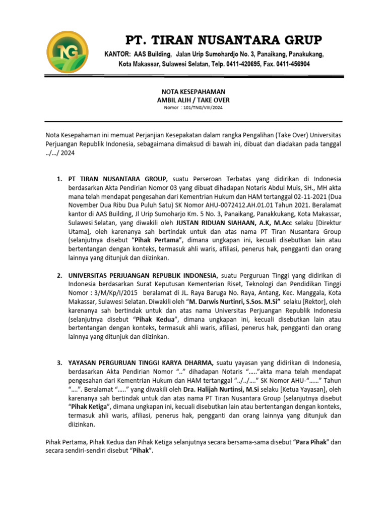 Draft Mou Tng Dan Universitas Perjuangan Pdf