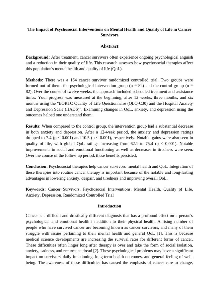 The Impact of Psychosocial Interventions On Mental Health and Quality ...
