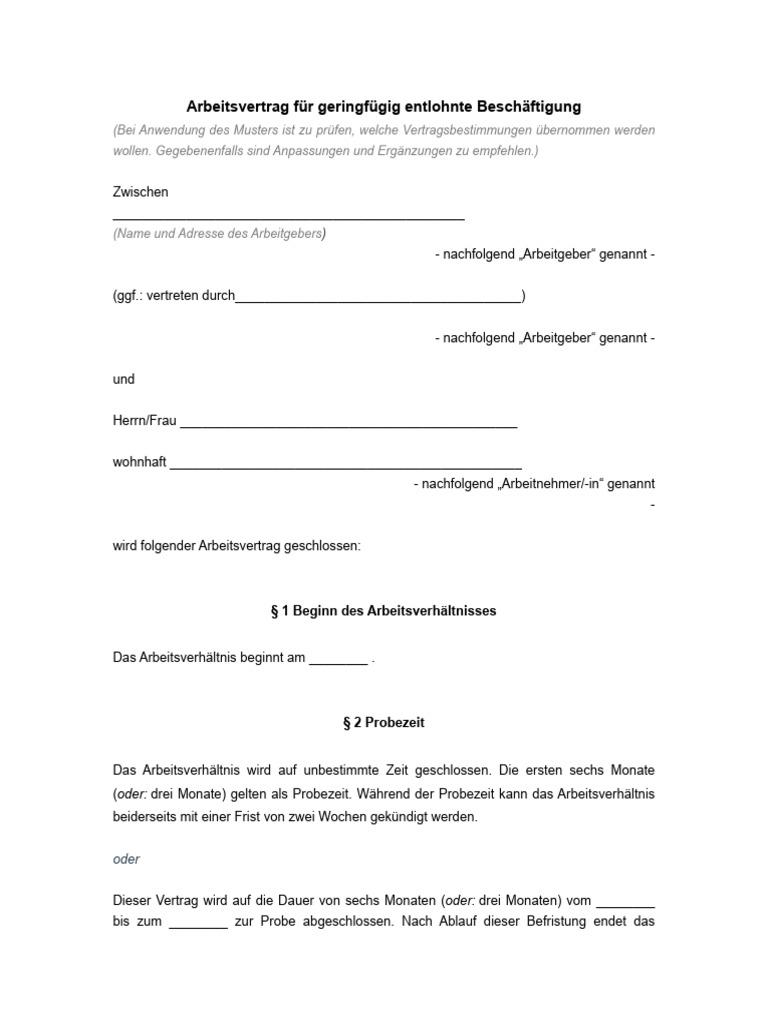 Arbeitsvertrag Minijob Muster | PDF