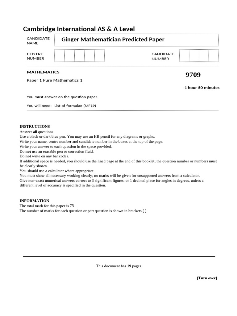 A-Level Maths Paper 1 Prediction Paper 2024 | PDF