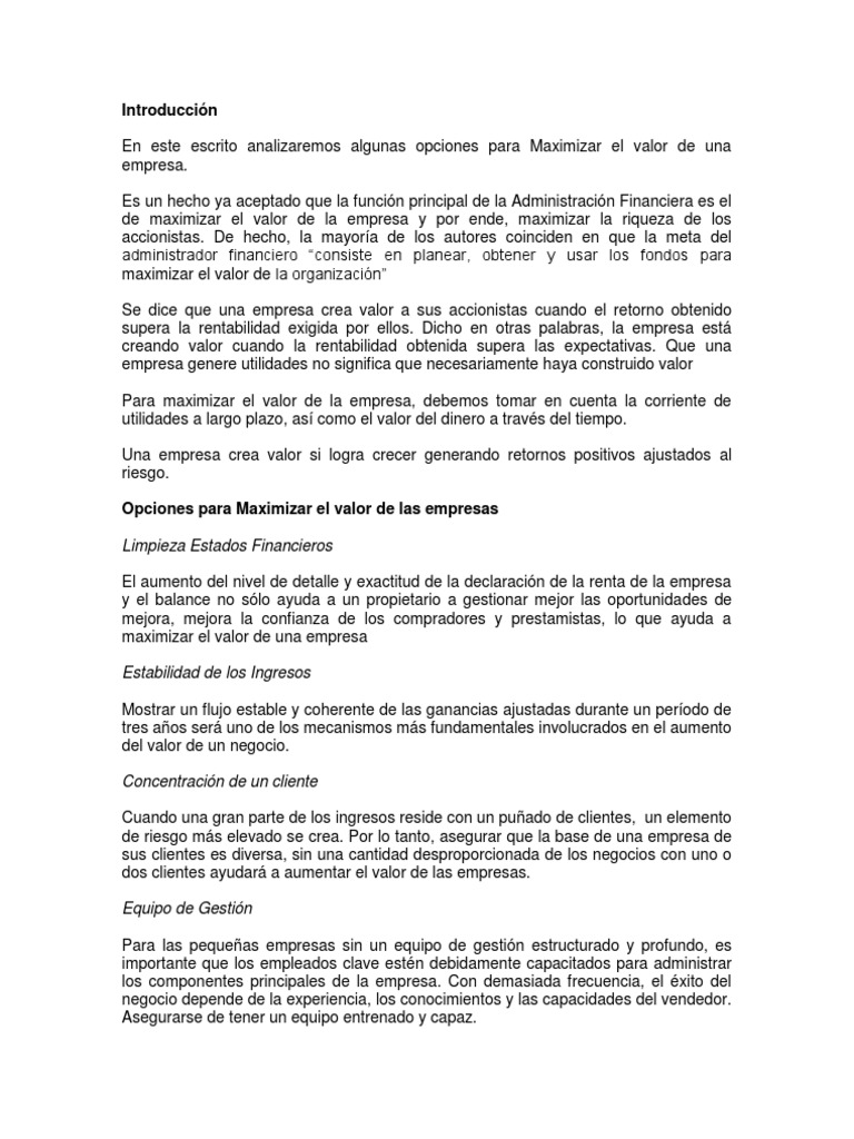 Estrategias para Maximizar el Valor Empresarial | PDF | Rentabilidad ...