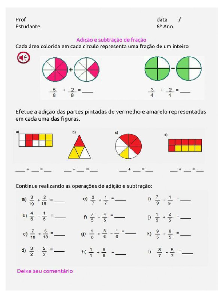 Frações - 6º Ano - Adição e Subtração - Denominadores Iguais | PDF