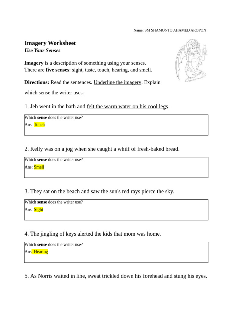 Imagery Worksheet Grade 7 PDF
