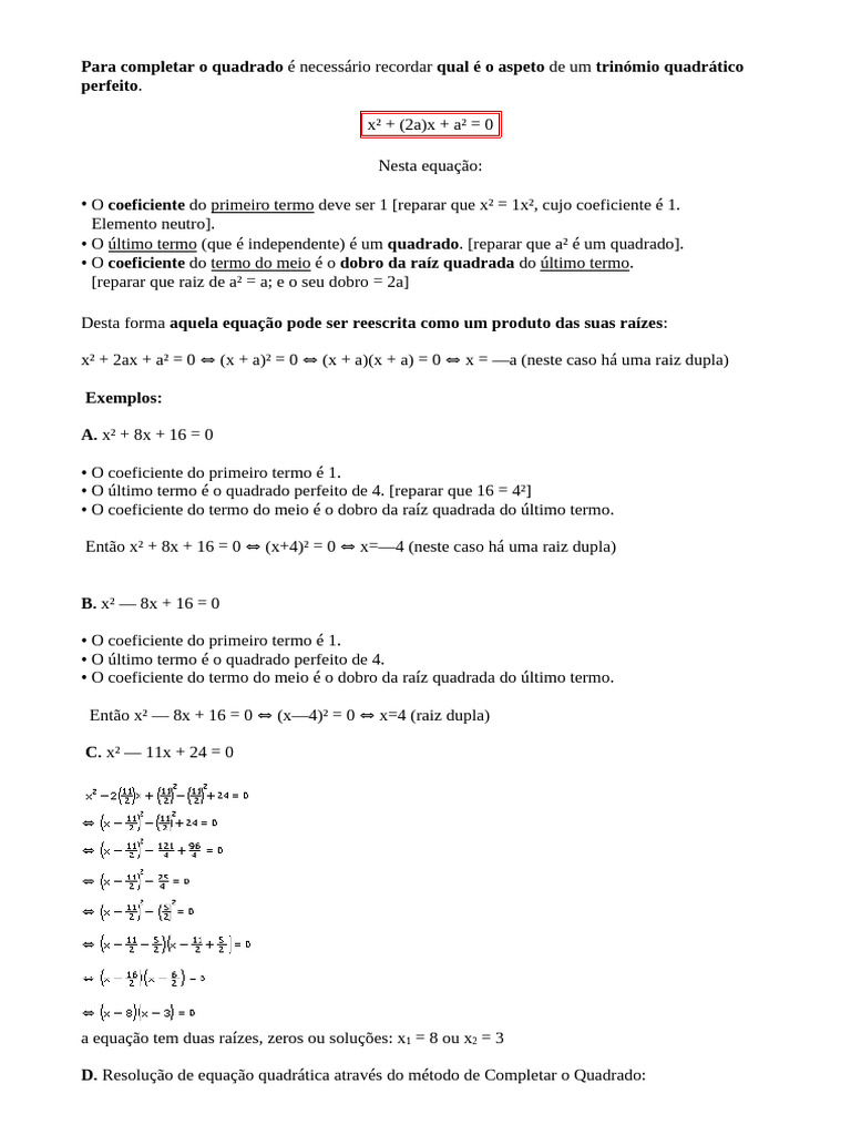 Para Completar o Quadrado É Necessário Recordar Qual É o Aspeto de Um ...