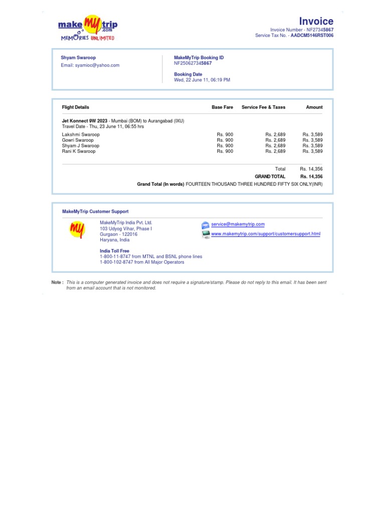 Make My Trip Invoice NF250627345867