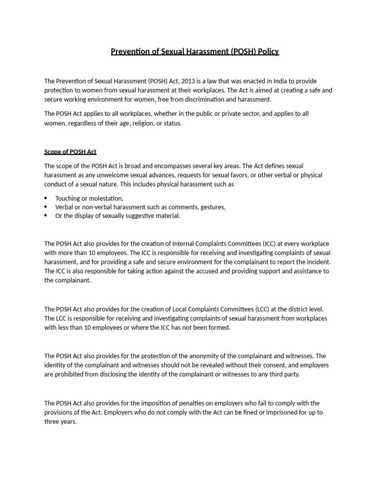 POSH Policy: Preventing Workplace Harassment | PDF | Sexual Harassment ...