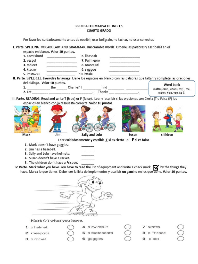 PRUEBA FORMATIVA DE INGLES DE 4to GRADO 12 DE AGOSTO 2024 | PDF