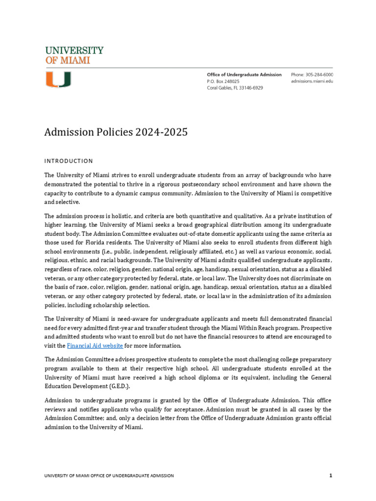University of Miami Admission Policies 2024-2025 | PDF | University And ...