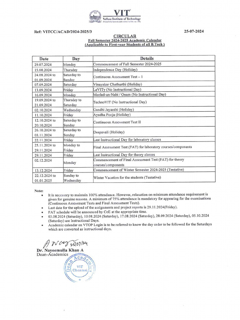 Fall Semester 2024-2025 - Freshers B.Tech Academic Calendar | PDF