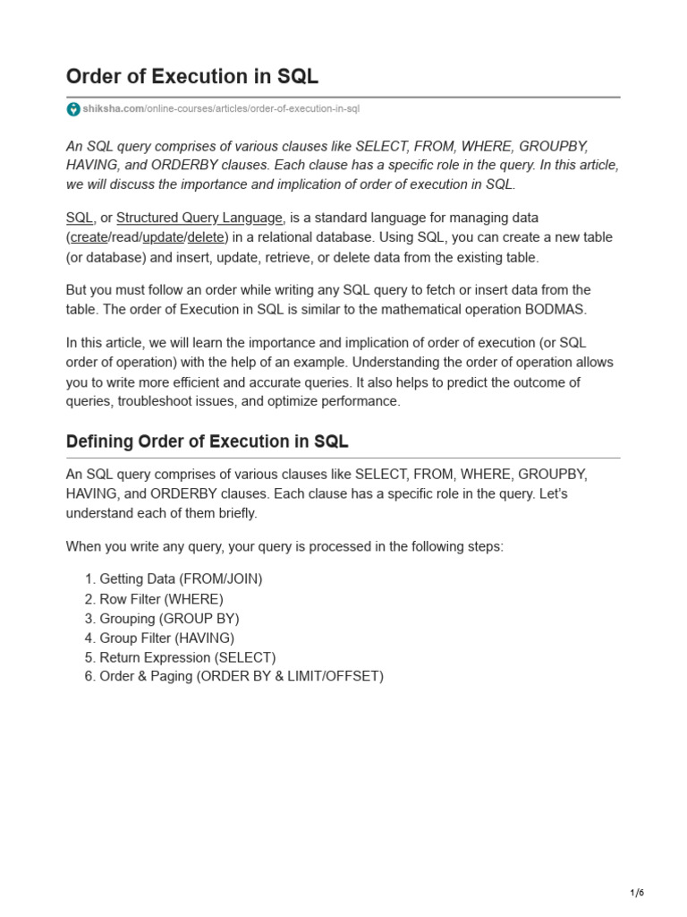 Order of Execution in SQL | PDF