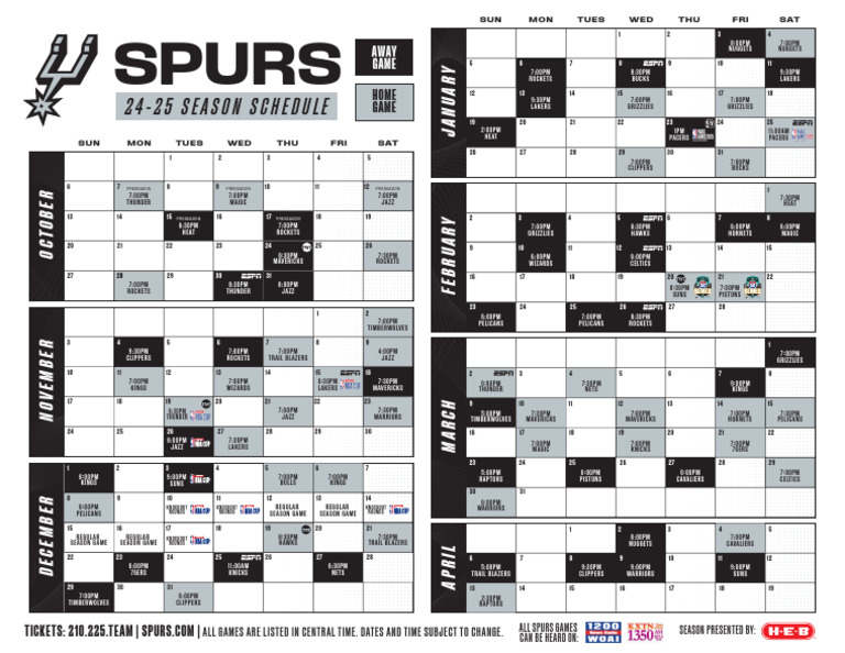 Nba Spurs Printable Schedule