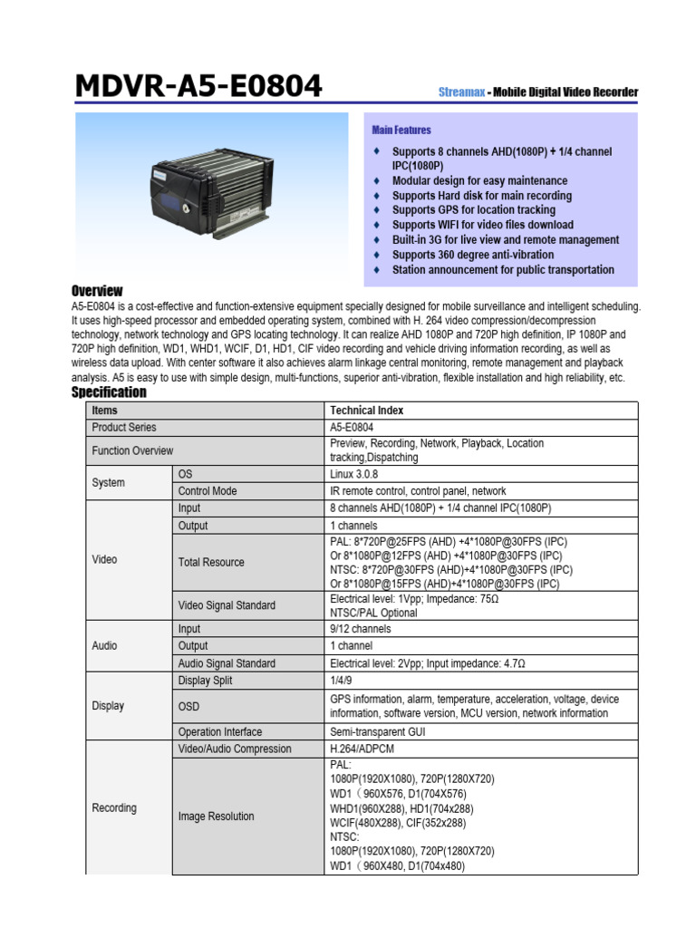 MDVR-A5-E0804: Streamax | PDF