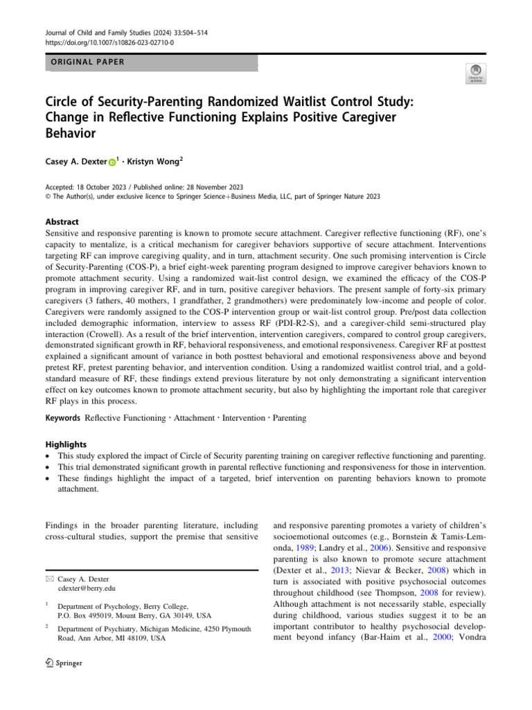 Circle of Security-Parenting Randomized Waitlist Control Study: Change ...