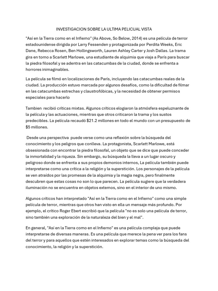 Así en La Tierra Como en El Infierno (As Above | PDF