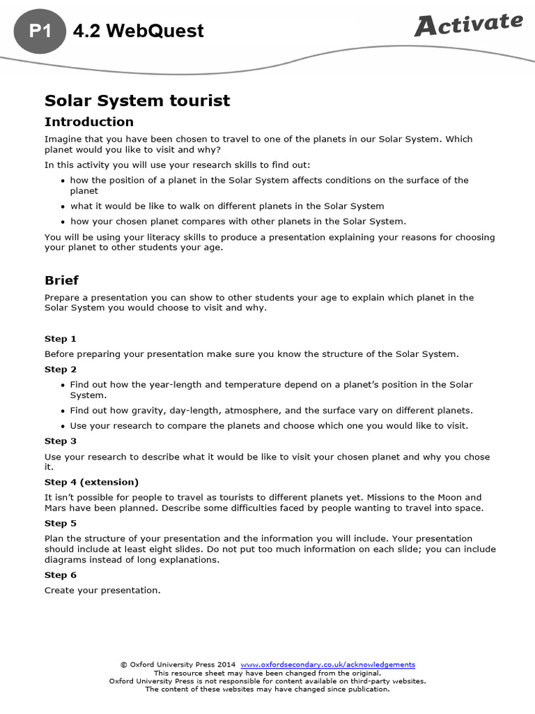 Science WebQuests - Solar System Tourist | PDF