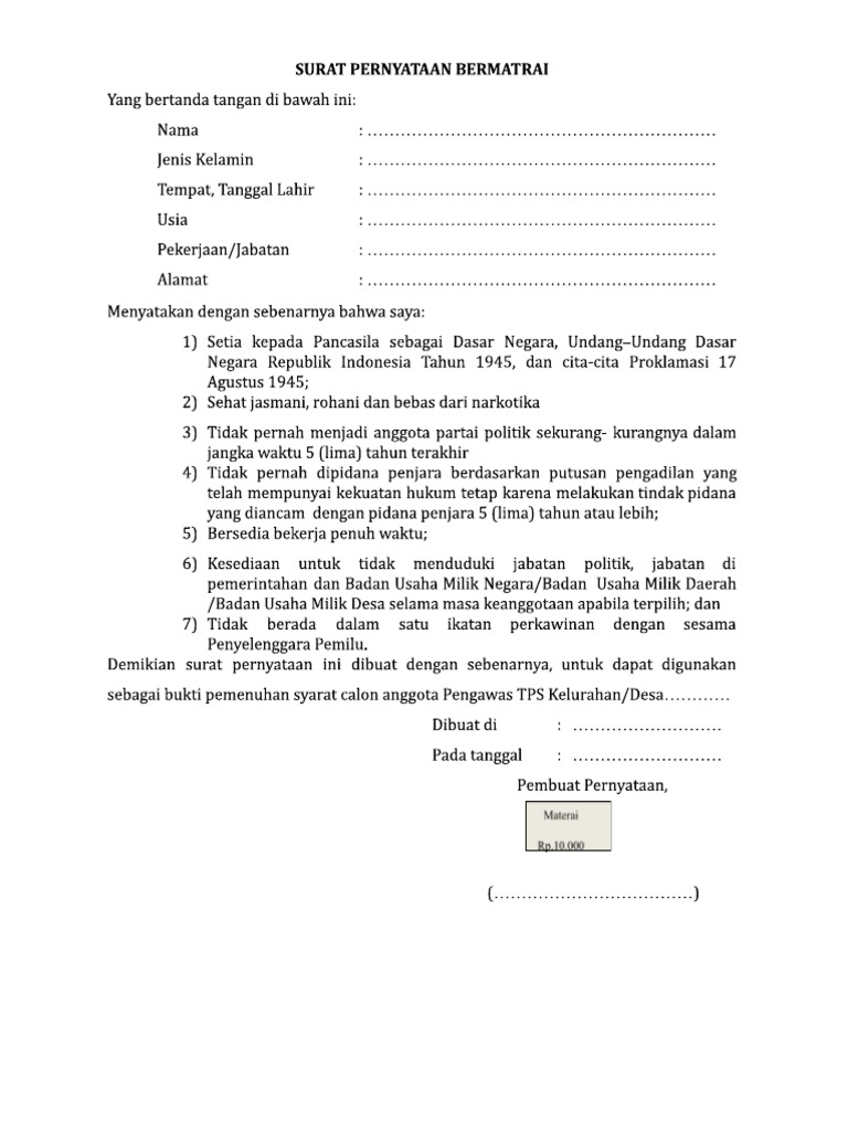 Surat Pernyataan Bermatrai | PDF