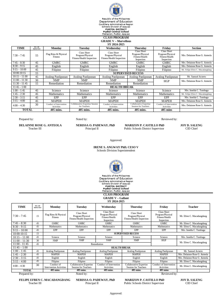 Class program teacher s program pdf