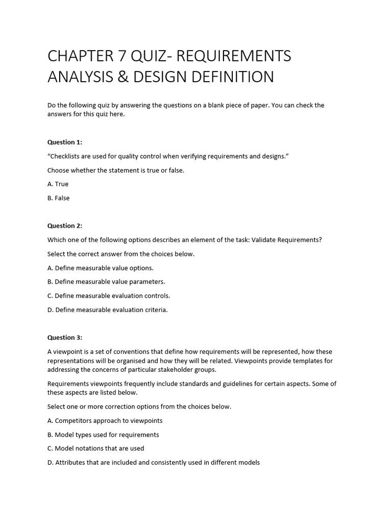 Chapter 7 Quiz - Requirements Analysis & Design Definition | PDF