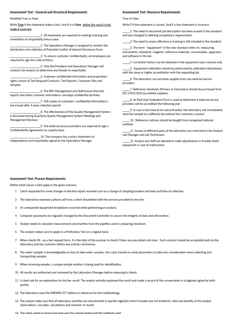 ISO 17025 - 2017 Re-Training Assessment Test | PDF | Calibration | Business