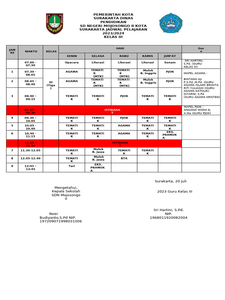 Jadwal Pelajaran Kelas 3 | PDF