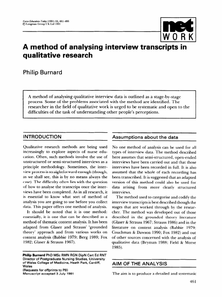 A Method of Analysing Interview Transcripts Qualitative Research