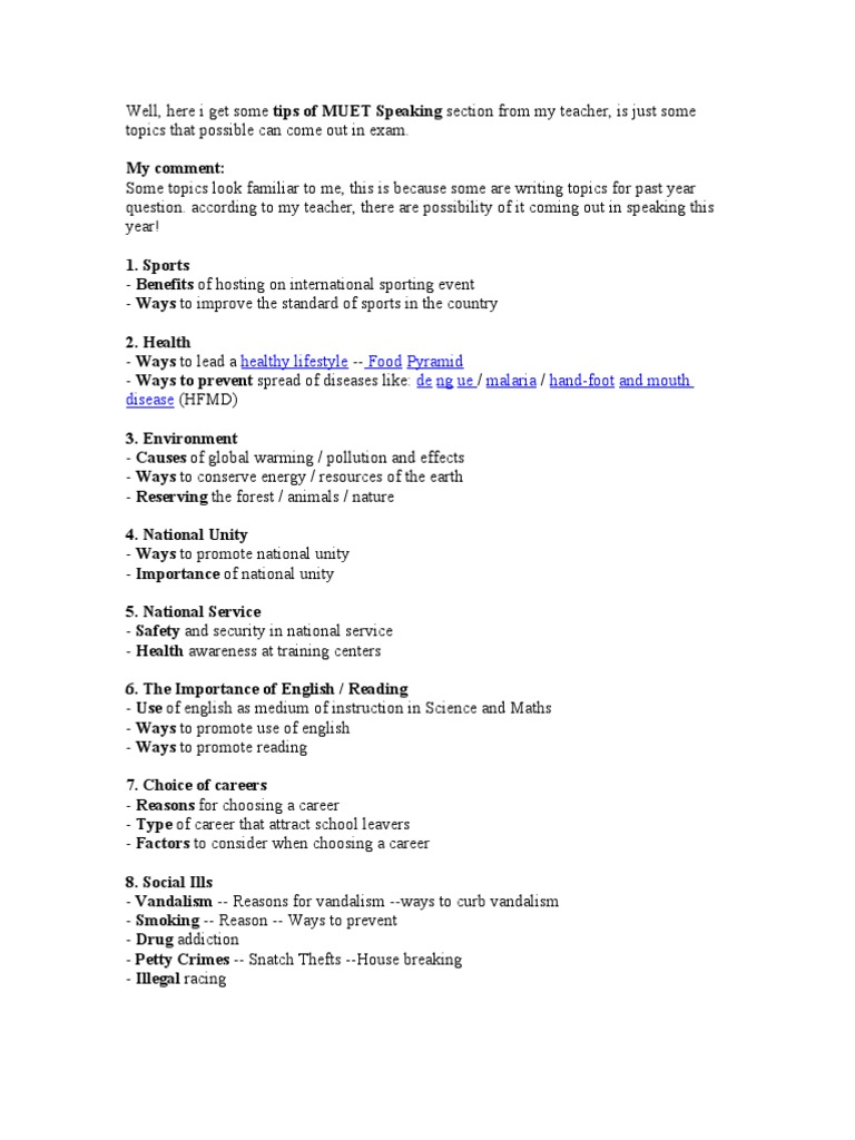 MUET Speaking Tips and Topics Guide | PDF | Speed Reading | Reading ...