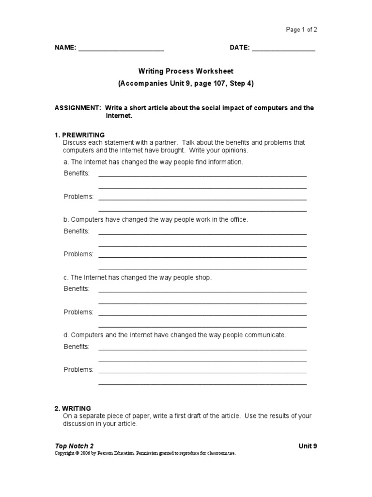 Writing Process Worksheet (Accompanies Unit 9, Page 107, Step 4) | PDF ...