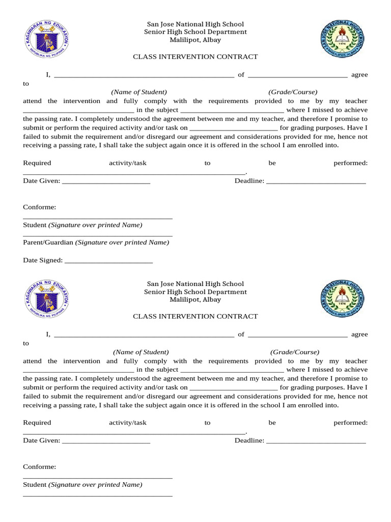 CLASS INTERVENTION CONTRACT | PDF