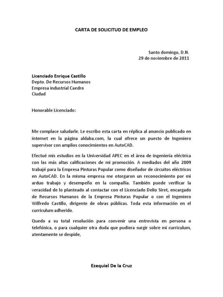 Carta de Solicitud de Empleo  Recursos humanos  Business  Prueba